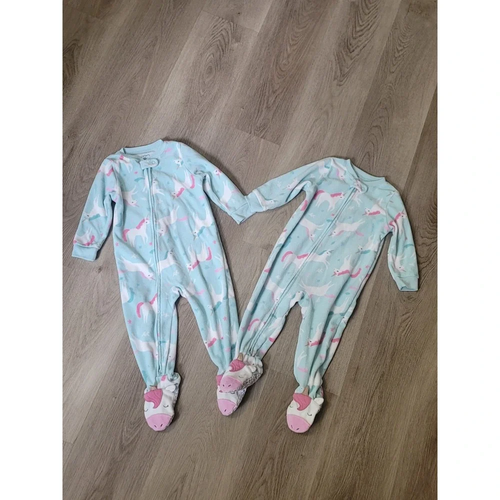 Lot of 2 Carters 18 Months Fleece Footed Pjs Unicorn One Piece Sleeper TWIN Girl